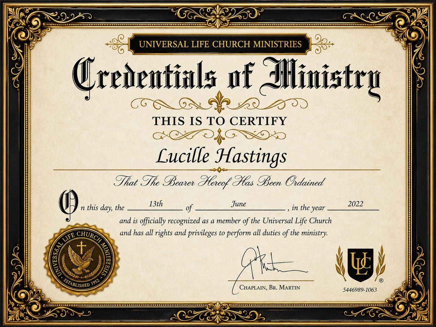 Universal Life Church Ministries certificate of ministry for Lucille Hastings dated June 13, 2022